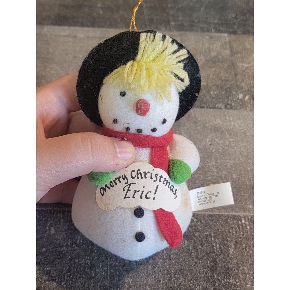Jeane's things Merry Christmas Eric plush‎ snowman ornament Xmas decor